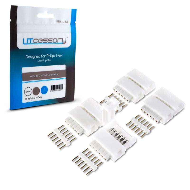 Litcessory 6-Pin to Cut-End Connector Compatible with Philips Hue Light Strip Plus, Hue Bridge & Smart LED Strip Lights â€“ LED Strip Connector for Custom Lighting (4 Pack, White - Standard 6-PIN V3) - Image 1